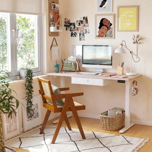 Vista 2 de FEZIBO 55 x 24 Inches Standing Desk with Drawer, Adjustable Height Electric Stand up Desk with Storage, Sit Stand Home Office Desk, Ergonomic