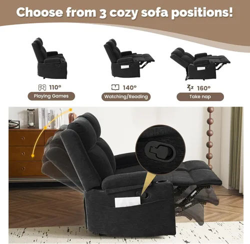 Vista 3 de Sofá biplaza reclinable manual, sofá reclinable de 2 plazas con portavasos, sofá reclinable de tela para sala de estar/RV (negro)