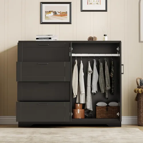 IDEALHOUSE Armario de 43.3 pulgadas de alto con 4 cajones y 2 puertas, barra para colgar, cómoda de madera multifuncional con armario de Negro