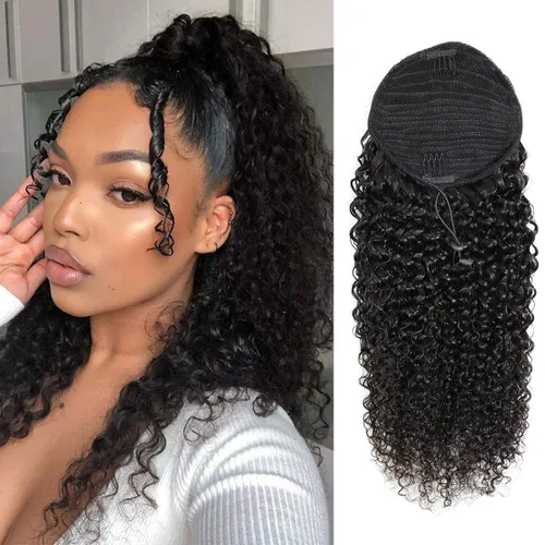 Vista 26 de Extensiones de cola de caballo de cabello humano lacio, color negro natural, pasta mágica envolvente, extensiones de cabello Remy 100% real