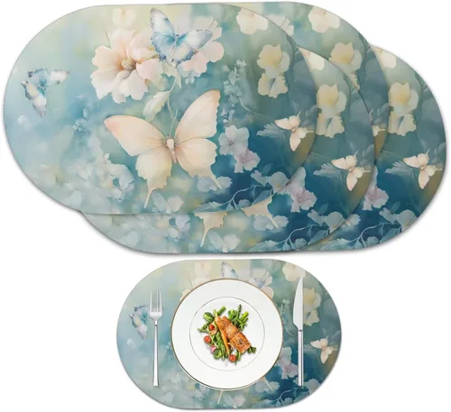 Vista 44 de Blue Flower Dining Table Mats Set of 2 Hummingbird Heat Resistant Placemats Washable and Wipeable Non Slip Place Mat, Waterproof Modern Dining Table
