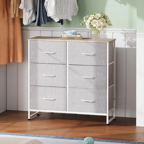 Vista 4 de WLIVE Cómoda de tela para dormitorio, cómoda doble de 6 cajones, torre de almacenamiento con cubos de tela, cómoda para armario, sala de estar, Gris