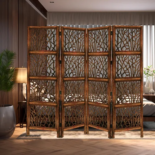 Vista 2 de Biombo Divisor de Habitación de Madera – Partición Plegable de 4 Paneles – Marco de Madera Maciza Marrón con Tallado a Mano Inspirado en Coral