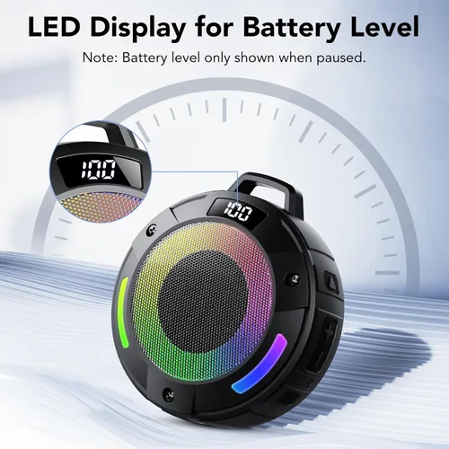 Vista 5 de Altavoz Bluetooth, altavoz de ducha inalámbrico portátil 2025, pantalla digital, altavoz portátil con gancho desmontable, IPX7 impermeable con luz