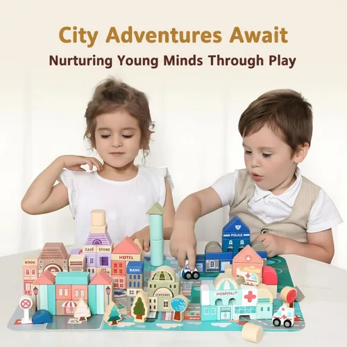 Vista 3 de Juego de bloques de construcción de madera, apilador de construcción de ciudad, juguetes educativos de aprendizaje preescolar, juguetes para niños