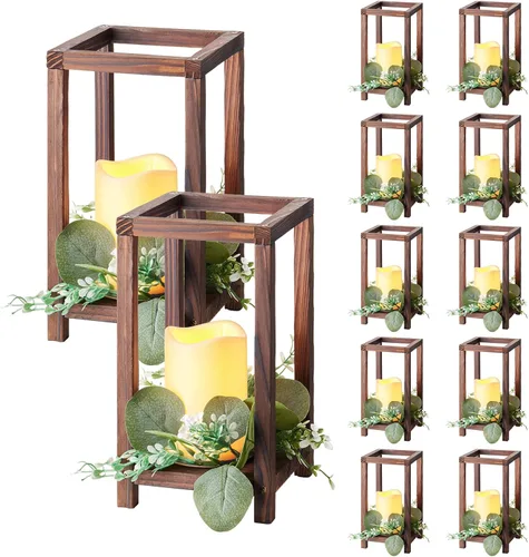 Vista 15 de VEVOR Juego de 10/30 centros de mesa de madera para bodas, incluye 10 faroles de madera, 10 velas LED sin llama, 10 coronas de flores de champán