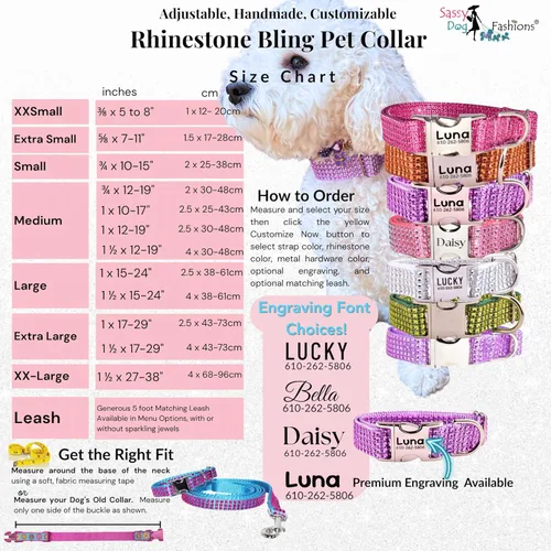 Vista 8 de Collar de perro con diamantes de imitación personalizable, hebilla grabada y opciones de correa, hecho en Estados Unidos, collares brillantes