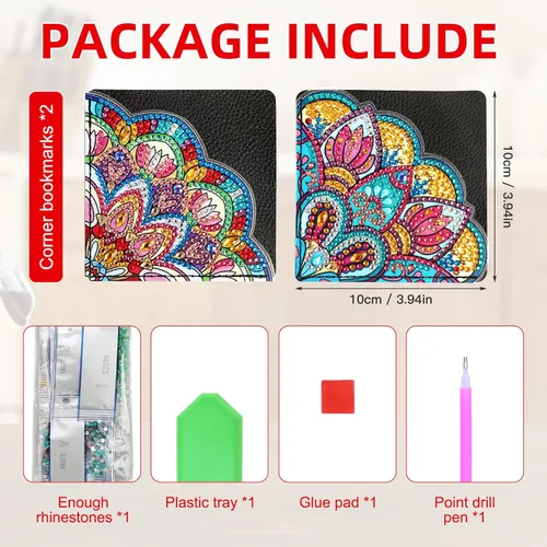 Vista 6 de 2 marcapáginas de esquina con diseño de mandala de diamante, diamantes de imitación 5D, marca de lectura de diamantes triangulares