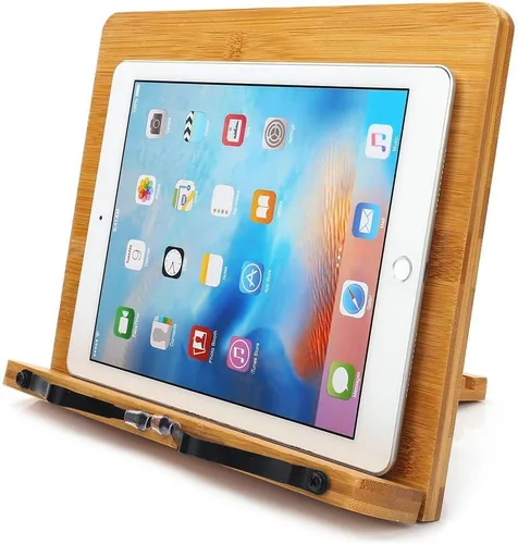 Vista 2 de wishacc Soporte de libros de bambú, bandeja ajustable para libros y clips de papel para páginas - Escritorio de lectura para libros de cocina