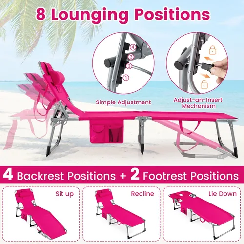 Vista 6 de COSTWAY Silla de salón plegable de playa, silla de bronceado con agujero para la cara, respaldo ajustable de 5 posiciones, almohada y bolsillo Beige