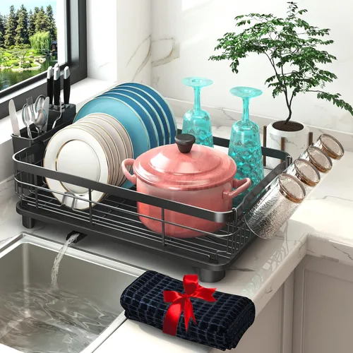 Godboat Escurridor de platos, escurridor de platos con drenaje automático y alfombra, escurridor de platos para encimera de cocina, organizador de
