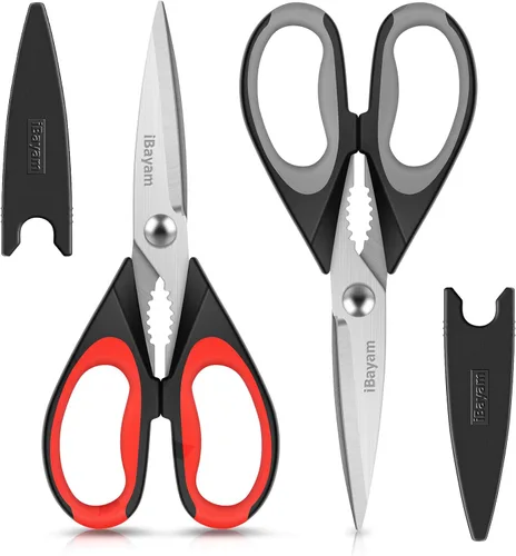Vista 8 de iBayam Tijeras de cocina multiusos con funda protectora, tijeras de acero inoxidable duraderas, aptas para lavavajillas, mango cómodo de agarre suave