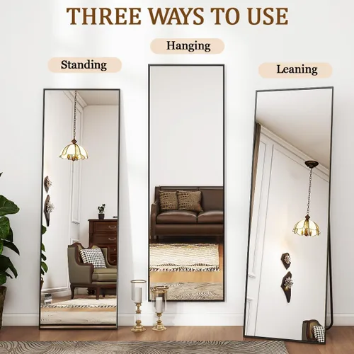 Vista 4 de Koonmi Espejo de piso de 56 x 21 pulgadas, de longitud completa, espejo de piso para dormitorio con soporte, espejo negro grande, inclinado, de pie