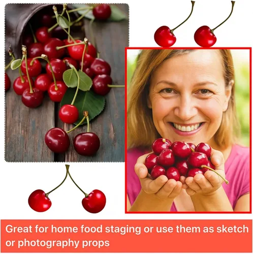 Vista 6 de Skylety 30 piezas de cerezas falsas decoraciones de frutas artificiales, modelo de fruta falsa de cereza de imitación roja para decoración