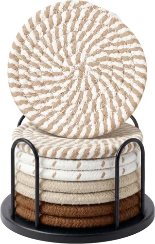 Vista 19 de Juego de posavasos Lazebox de 8 para bebidas, cerveza, café, posavasos absorbentes tejidos de algodón con soporte, posavasos boho para decoración