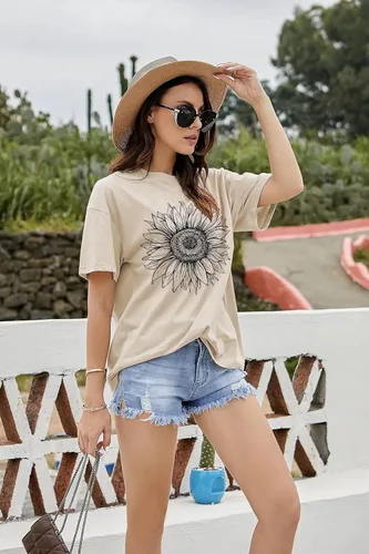 Vista 4 de Womens Casual Letter Graphic Print Short Sleeve Tunic Tops Round Neck Loose Tee Oversized Drop Shoulder Longline T Shirts