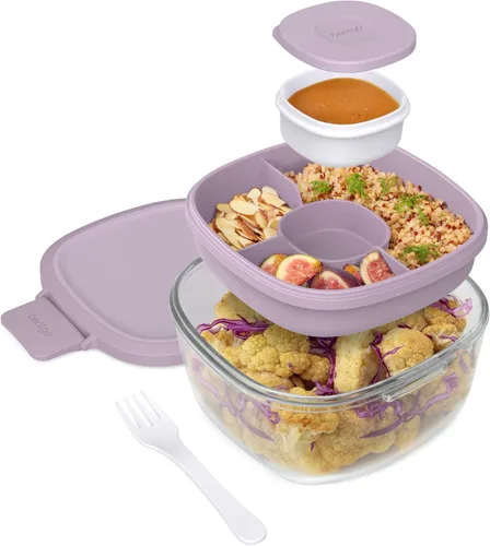 Vista 11 de Bentgo Glass Todo en Uno - Ensaladera Grande de 61 oz con Tapa, Bandeja Estilo Bento de 4 Compartimentos, Contenedor de Salsa de 3 oz y Tenedor