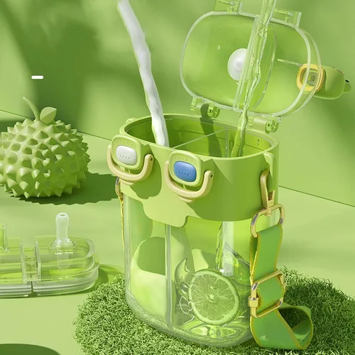 Vista 7 de Fdit Botellas de agua Kawaii con pajilla, botella de agua doble de plástico a la moda, correa ajustable para deportes, fitness, gimnasio, campamento