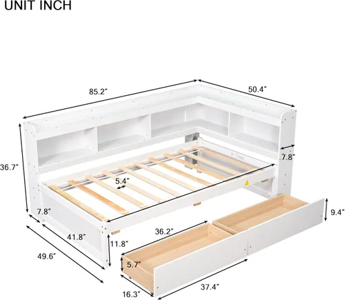 Vista 29 de Quarte Elegante cama de plataforma con estanterías en forma de L, cama de plataforma de madera tamaño individual con 2 cajones de almacenamiento