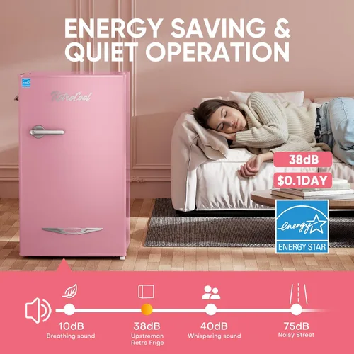 Vista 3 de Upstreman - Mini refrigerador retro de 3.2 pies cúbicos con abrebotellas, ahorro de energía, termostato ajustable, asa de metal, lámpara LED, mini