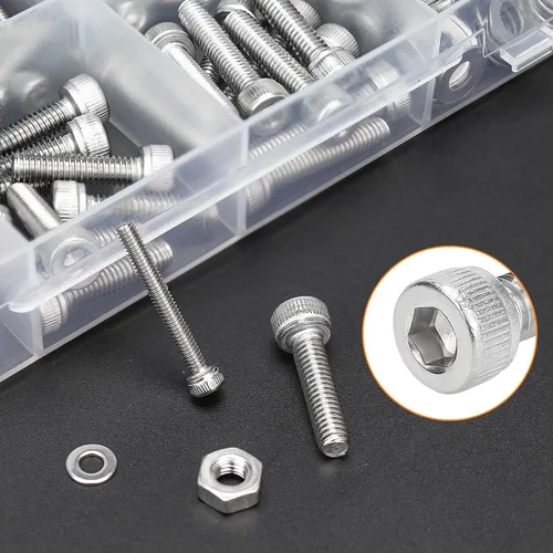 Vista 5 de 1280 piezas M2 M2.5 M3 M4 304 tapa hexagonal de acero inoxidable Tornillos métricos, tornillos métricos, arandelas, tuercas, kit surtido