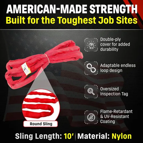 Vista 2 de USA Made VR5 X 10' Eslingas rojas de 4 a 30 pies de longitud en el listado, cubierta de doble capa eslingas de elevación de polietileno redondas sin