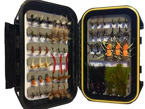 Wild Water Pesca con mosca 60 moscas más populares en mini-mega surtido con caja pequeña para moscas incl. seco, caddis, ninfa, insecto lanoso para