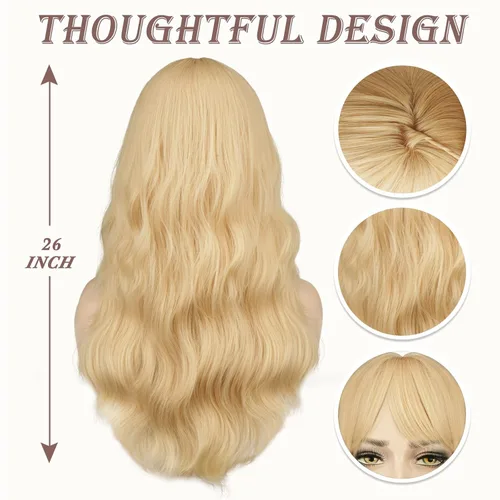 Vista 3 de BARSDAR Peluca larga rubia con flequillo, peluca ondulada de 26 pulgadas de largo con flequillo para mujer, pelucas de cabello rubio sintético