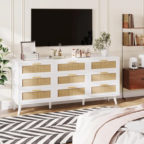 Vista 62 de Rovaurx Cómoda doble de 6 cajones para dormitorio, cómoda de ratán, cómoda de madera moderna con asas doradas, mesa auxiliar para armario, sala