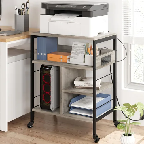 Vista 9 de Amyove Soporte de impresora con tomas de corriente y puertos de carga USB, mesa de impresora grande con almacenamiento, soporte de impresora rodante