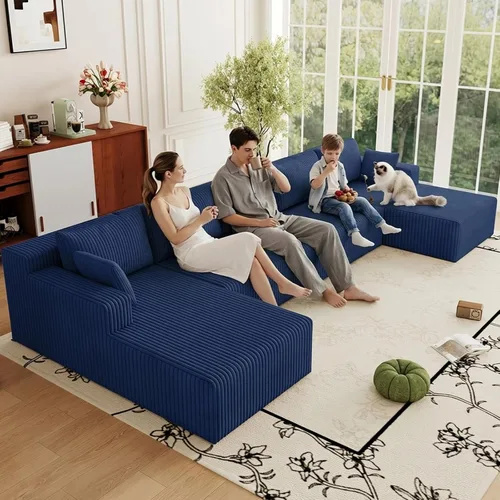 Vista 48 de Sofá modular de 95 pulgadas con otomana, moderno sofá nube de pana con asiento profundo, sofá sin hueso tapizado de 3 plazas en forma de U para sala