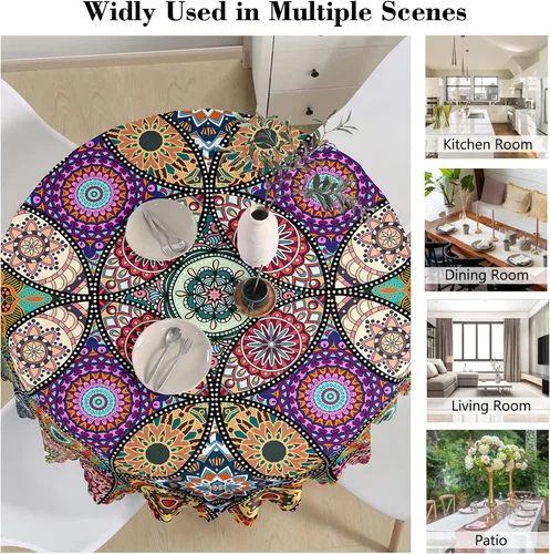 Vista 6 de Mantel redondo de 60 pulgadas, mantel circular bohemio, resistente a las manchas, repelente al agua y sin arrugas, decoración de mesa para el hogar
