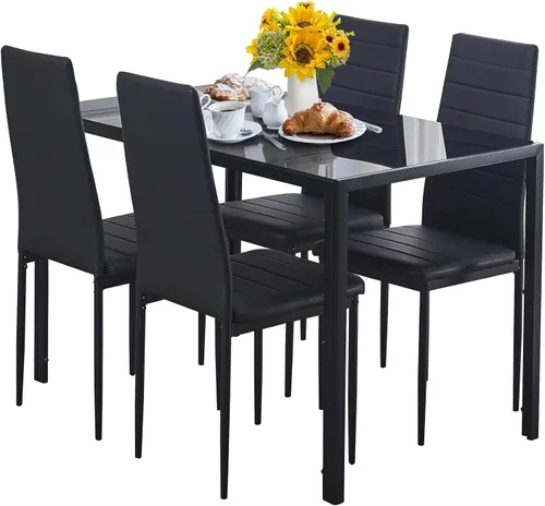 Vista 16 de Juego de mesa de comedor de cristal de 5 piezas con sillas, juego de mesa de comedor moderno para 4, juego de mesa y sillas de cocina de cristal