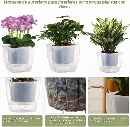 Vista 3 de Paquete de 3 macetas transparentes de riego automático de 7 pulgadas para plantas de interior, macetas grandes de violeta africana, macetas