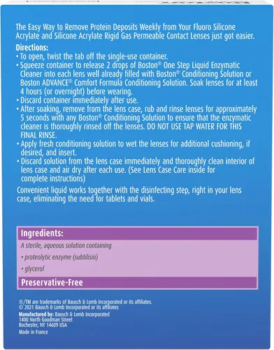 Vista 5 de Limpiador enzimático líquido Boston One Step de Bausch + Lomb, 15 dispensadores estériles de un solo uso (paquete de 2)