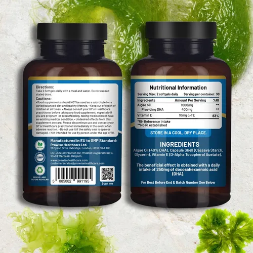 Vista 2 de Prowise Vegan Omega-3 DHA de aceite de algas 60 cápsulas blandas con vitamina E 400 mg de DHA + 10 mg de vitamina E 100% a base de plantas