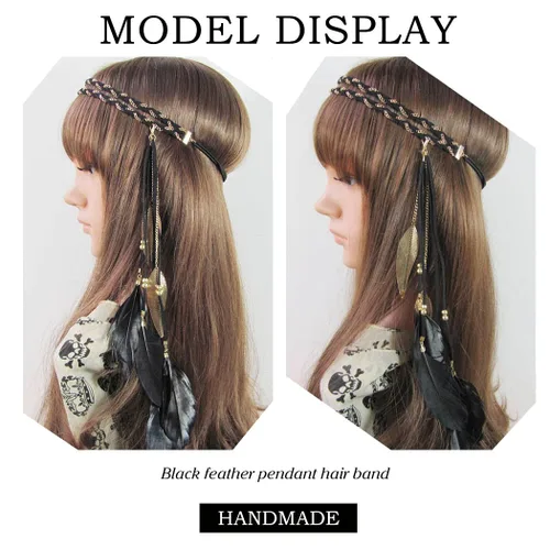 Vista 4 de Gangel Diadema bohemia hippie gitana con borlas de plumas, banda elástica de cuerda de cáñamo de hoja dorada, para disfraz de Halloween, carnaval