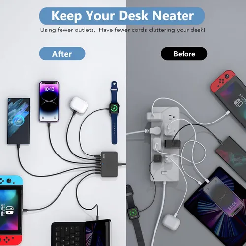 Vista 4 de Estación de carga con bloque cargador USB C, 100W 6 puertos GaN carga rápida hub concentrador PD 3.0 USB C QC USB A cubo cargador de pared adaptador