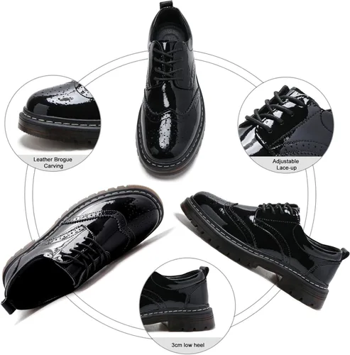 Vista 2 de Zapatos Oxford para mujer, cómodos zapatos de vestir antideslizantes de charol con cordones