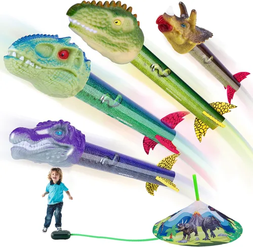 Gizzjoy Lanzador de cohetes de juguete de dinosaurio para niños, lanza hasta 100 pies, 4 cohetes, juguetes exteriores para niños, juguetes de