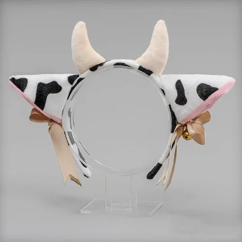 Vista 2 de BPNHNA Diadema con orejas de vaca y cuernos con lazo, campanas de cinta, diadema elástica para el pelo para fiesta, disfraz de animal de cosplay