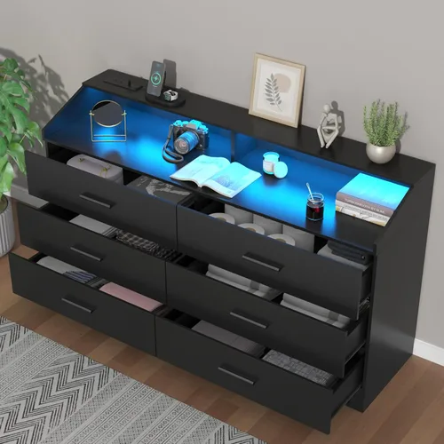 Vista 5 de Cómoda de 6 cajones con toma de corriente, cómoda con luz LED, cómoda moderna con cubículo de almacenamiento abierto, organizador de cómodas dobles