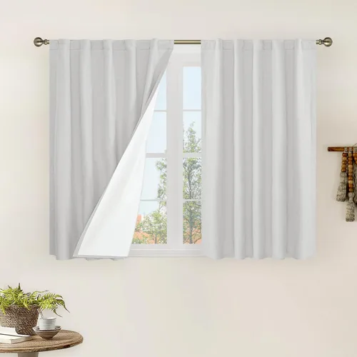 Vista 122 de LAMIT Cortinas opacas cortas de lino de 30 pulgadas para ventanas de cocina sobre el fregadero, cortinas de café texturizadas de lino marfil