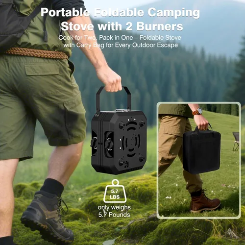 Vista 4 de Estufa de Camping Portátil de Propano con Juego de 3 Ollas, Estufa de Gas Plegable de 2 Quemadores con Calor Ajustable Independientemente, Estufa