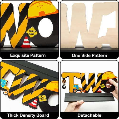 Vista 3 de Haooryx Cartel de madera de construcción de camión de dos letras para niños, decoración de fiesta de segundo cumpleaños de bebé de dos años