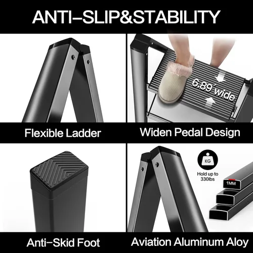 Vista 3 de GameGem Escalera de 2 escalones, taburete plegable de aluminio de 2 escalones con pedal antideslizante resistente y ancho, escalera portátil ligera