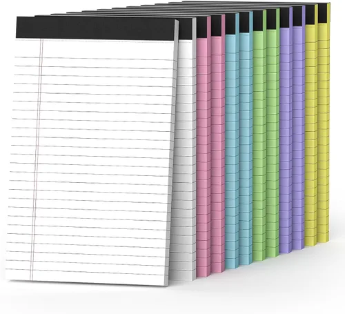 Paquete de 12 blocs de notas de colores de 5" x 8", blocs legales con papel rayado universitario microperforado, cuaderno de escritura, 30 hojas por