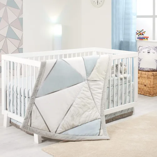 Juego de ropa de cama para cuna para niños | Juego de ropa de cama de 4 piezas para cuna | Patrones geométricos, plata brillante, azul bebé y