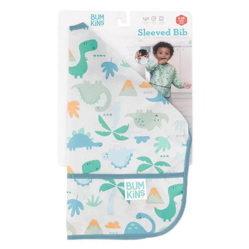 Vista 6 de Bumkins Babero con mangas para bebé, babero para niños pequeños, smock, tela impermeable, se adapta a edades de 6 a 24 meses, dinosaurios