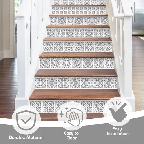 Vista 3 de WALPLUS Adhesivos para escaleras autoadhesivas, 15 tiras de 39 x 7.1 pulgadas, azulejos de patrón antiguo, calcomanías para escaleras, cubiertas